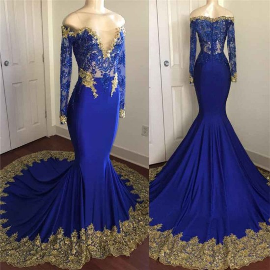 Off-the-Shoulder Royal Blue Prom Dresses Gold Lace Appliques Chic Evening Dress with Sleeve