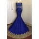 Off-the-Shoulder Royal Blue Prom Dresses Gold Lace Appliques Chic Evening Dress with Sleeve