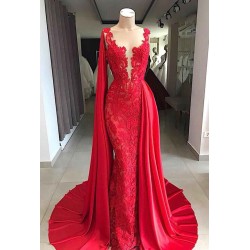 Lace Long Evening Dresses Sleeveless Red Prom Dresses with Cape