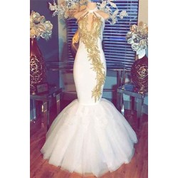 Halter Gold Beads Mermaid Prom Dresses Sleeveless White Evening Gown With Appliques