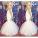 Halter Gold Beads Mermaid Prom Dresses Sleeveless White Evening Gown With Appliques