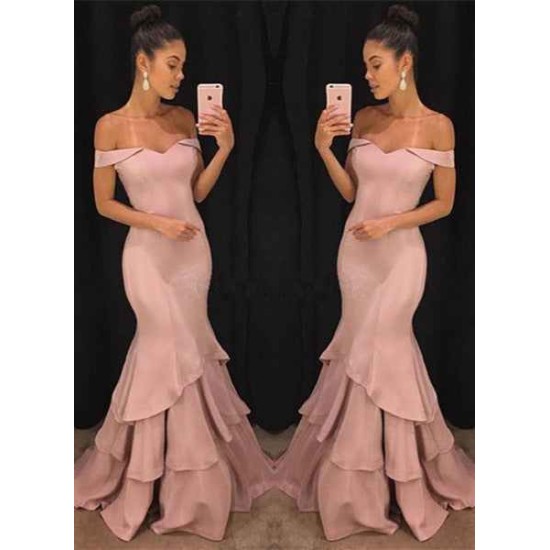 Chic Off-the-Shoulder Mermaid Prom Dresses Tiered Pink Ruffles Evening Gowns On Sale