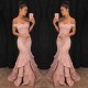 Chic Off-the-Shoulder Mermaid Prom Dresses Tiered Pink Ruffles Evening Gowns On Sale