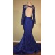 Chic Open Back Royal Blue Real Model Prom Dresses Lace Long Sleeves Mermaid Evening Gown