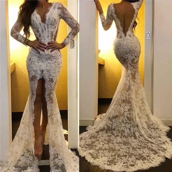 Lace Appliques Chic White Evening Dresses Long Sleeves Prom Dresses with Slit