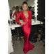 Trendy Red Lace Mermaid Prom Party Gowns Long Sleeves V-neck