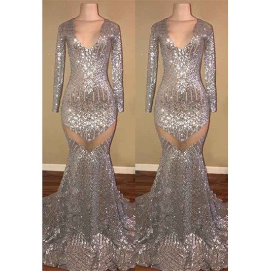 Long Sleeves Sequins Prom Party Gowns| Mermaid V-Neck Evening Gowns