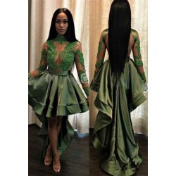 Chic See Through Lace Long Sleeves Prom Party Gowns| Hi-lo Dark Green Evening Dress