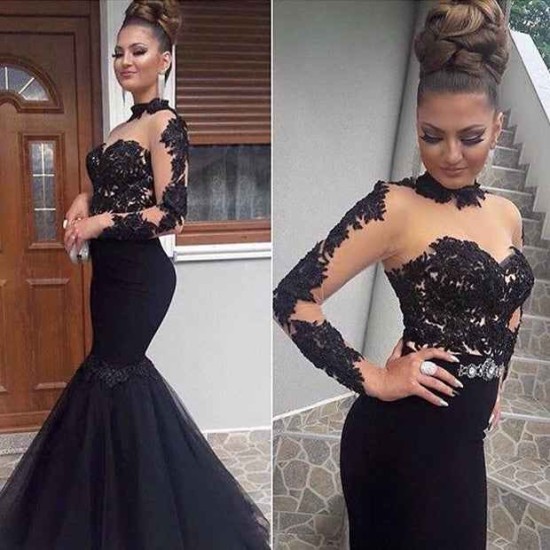Gorgeous Black Lace Prom Party GownsLong Sleeves Mermaid Long Party Dress