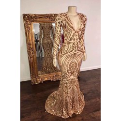 Champagne Sequins V-neck Long Sleevess Mermaid Prom Dresses