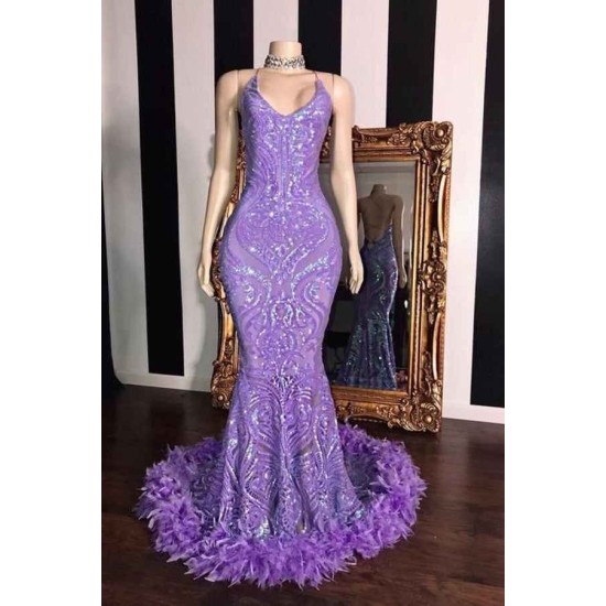 Spaghetti V-neck Sequins Floor Length Fur Train Mermaid Prom Dresses