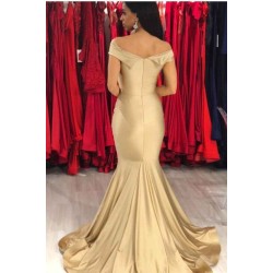 New Off-the-Shoulder Stretch Satin Plicated V-neck Floor Length Prom Dresses Mermaid Sleeveless Champagne Evening Gowns