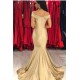 New Off-the-Shoulder Stretch Satin Plicated V-neck Floor Length Prom Dresses Mermaid Sleeveless Champagne Evening Gowns