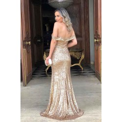 Chic Flare Off-the-Shoulder Front Slit Mermaid Sequined Prom Dresses Charming Open Back Long Evening Dresses With Sweep Train