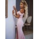 Shiny Sequins Pink Prom Dresses With Slit Off-the-Shoulder Chic Evening Gowns With Buttons