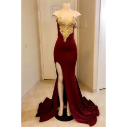 Chic Sweetheart Mermaid Prom Dreses with High split Velvet Gold Appliques Side Slit Evening Dresses