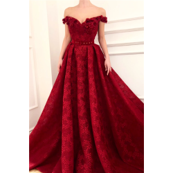 Off-the-Shoulder Ruby Lace Evening Dresses Chic Beading Appliques Flowers Prom Dresses