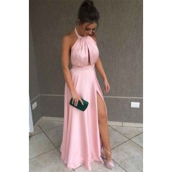 Amazing Pink Halter Side-Slit Prom Dresses Sleeveless Evening Dresses with Keyhole