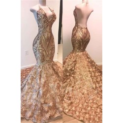 Gorgeous Gold Sequins Sleeveless Prom Party Gowns| Shiny Mermaid Evening Gowns With Flowers Bottom