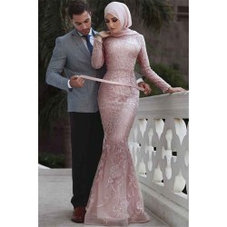 Pink Detachable Long-Sleeves Prom Dresses Appliques Lace Mermaid Evening Gowns