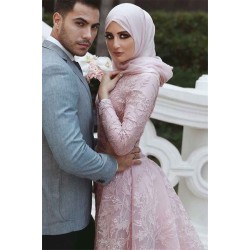 Pink Detachable Long-Sleeves Prom Dresses Appliques Lace Mermaid Evening Gowns