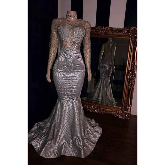 Elegant Appliques Sheer Tulle Prom Dresses Sliver Long Sleevess Mermaid Evening Gowns