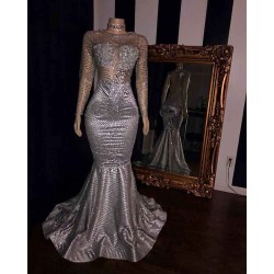 Elegant Appliques Sheer Tulle Prom Dresses Sliver Long Sleevess Mermaid Evening Gowns