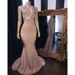 Pink Flowers Appliques Mermaid Long Prom Dresses Gorgeous Sleeveless V-Neck Evening Gowns