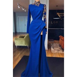 Royal Blue High Neck Side Slit Mermaid Prom Dresses Elegant Long Sleevess Appliques Evening Gowns