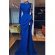 Royal Blue High Neck Side Slit Mermaid Prom Dresses Elegant Long Sleevess Appliques Evening Gowns