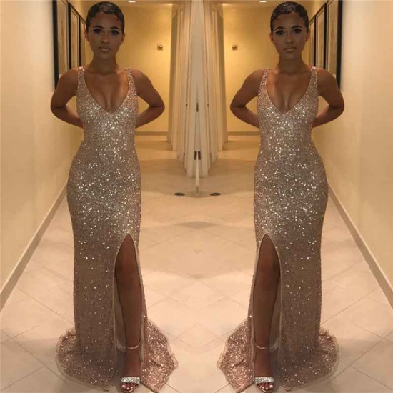 Shiny Mermaid Sequins V-Neck Straps Sleeveless Front-Slipt Prom Party Gowns