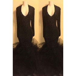 Chic black sequins prom dress, ruffles evening dress