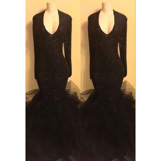 Chic black sequins prom dress, ruffles evening dress