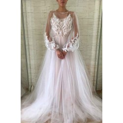 Chic See Through Tulle Lace Appliques Evening Gowns Chic Bubble Sleeves Long Prom Dresses