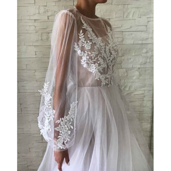 Chic See Through Tulle Lace Appliques Evening Gowns Chic Bubble Sleeves Long Prom Dresses