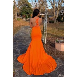 See Through Sleeveless Front Slit Brush Train Appliques Mermaid Prom Gowns