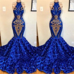 New Arrival Royal Blue Halter Mermaid Prom Dresses Gorgeous Sleeveless Flowers Long Evening Gowns