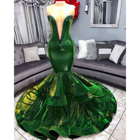 Green Gorgeous Ruffles Mermaid Prom Dresses Chic Sweetheart Appliques Long Evening Dresses
