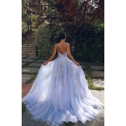 Gorgeous Tulle Sleeveless Appliques Prom Dresses Lilac Evening Gowns