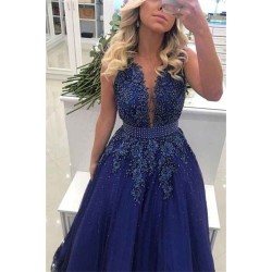 Elegant V-neck Lace Appliques Sleeveless Prom Dresses With Bowknot Beads Waistband Royal Blue Floor Length Beading Evening Gowns