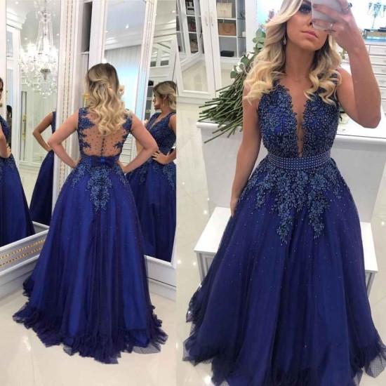 Elegant V-neck Lace Appliques Sleeveless Prom Dresses With Bowknot Beads Waistband Royal Blue Floor Length Beading Evening Gowns