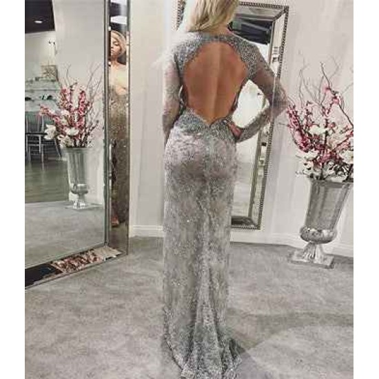 Silver Chic V-neck Lace Prom Dresses Elegant Long Sleevess Open Back Front Split Long Evening Dress