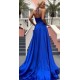 Spaghetti Strap Shiny Royal Blue Prom Party Gowns with High Split Chic V-neck Princess Evening dress On Sale