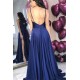Chic Navy Blue Backless Simple Evening Dresses Spaghetti Straps Prom Dresses On Sale with Chic high Split