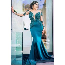 Classic Illusion neck Long Sleeves Blue Lace Appliques Prom Party Gowns with Chapel Train