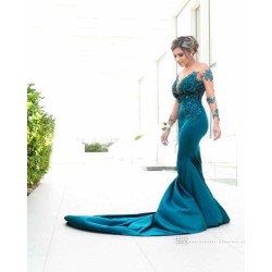 Classic Illusion neck Long Sleeves Blue Lace Appliques Prom Party Gowns with Chapel Train