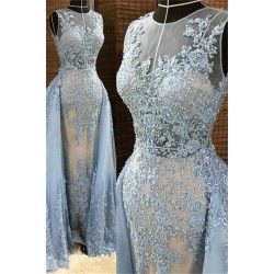 Gorgeous Column Sleleveless Long Evening Dresses Lace Appliques Beading Chic Prom Party Gowns with Overskirt