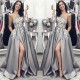 One Sleeve Chic Slit Prom Dresses Silver Grey Lace Appliques Long Evening Dresses