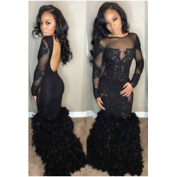 Chic Black Mermaid Prom Party Gowns| Long Sleeves Lace Evening Gowns