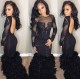 Chic Black Mermaid Prom Party Gowns| Long Sleeves Lace Evening Gowns